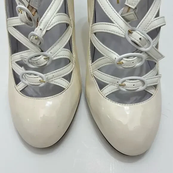 Chanel Buckle Mary Jane Wedge Pumps White Patent Leather Pumps | 39/US 8-8.5 - Picture 4 of 13